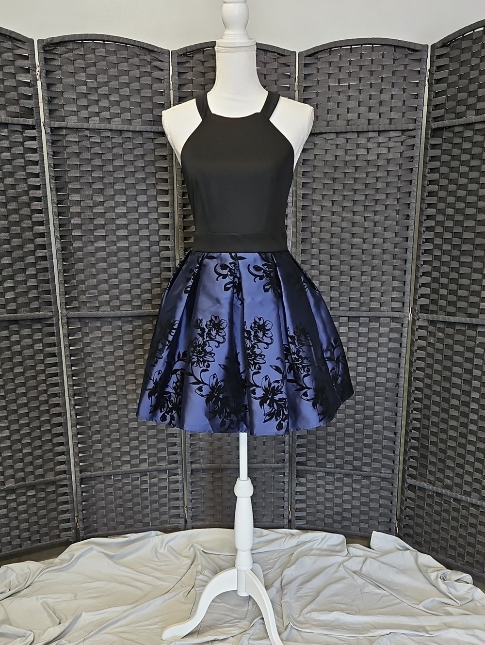 Teeze Me Black Bodice with Navy Floral Skater Skirt